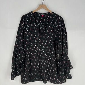 Vince Camuto Black Satin Floral Print Floral Layered‎ Front Ruffle Sleeve Blouse
